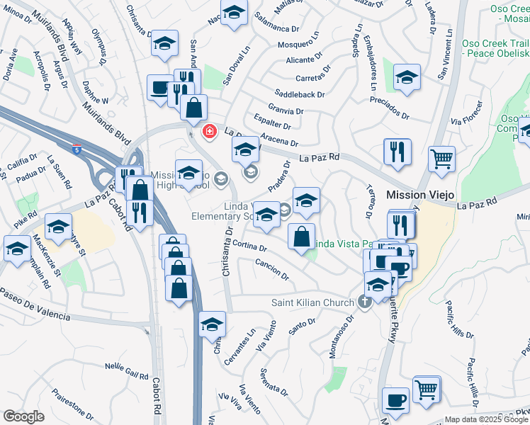 map of restaurants, bars, coffee shops, grocery stores, and more near 25222 Pericia Drive in Mission Viejo