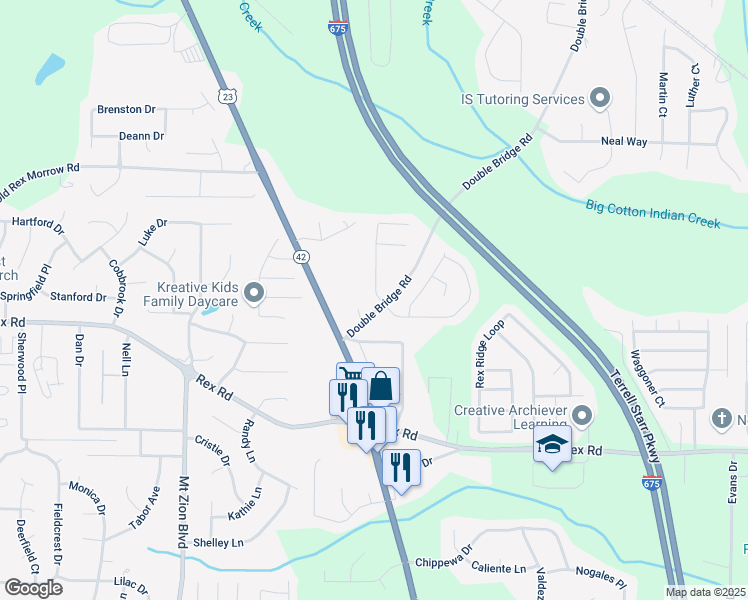 map of restaurants, bars, coffee shops, grocery stores, and more near 5803 Star Flower Drive in Ellenwood