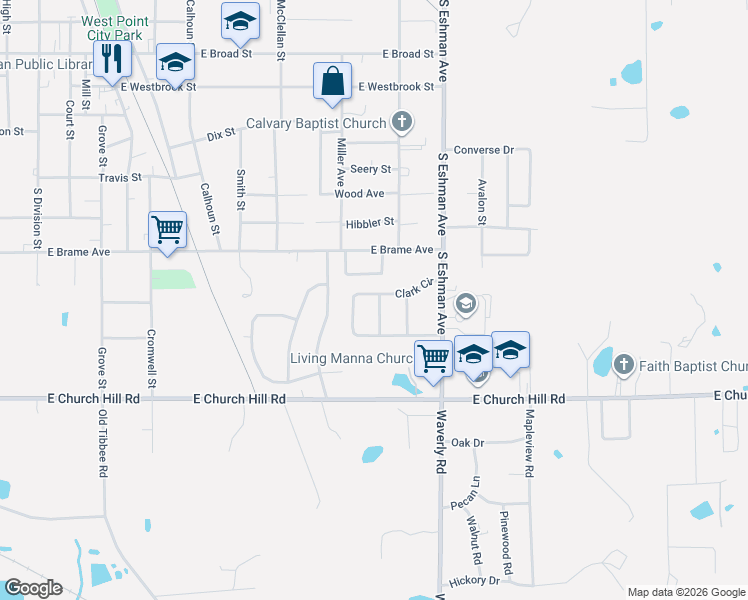 map of restaurants, bars, coffee shops, grocery stores, and more near 823 Clark Circle in West Point