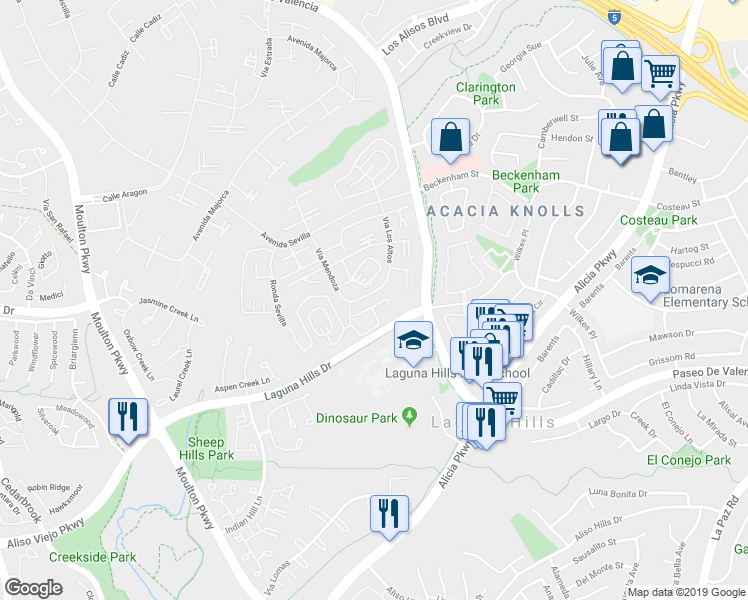 map of restaurants, bars, coffee shops, grocery stores, and more near 803 Ronda Mendoza in Laguna Woods