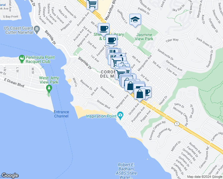 map of restaurants, bars, coffee shops, grocery stores, and more near 300 Larkspur Avenue in Newport Beach