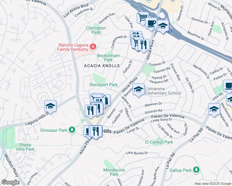 map of restaurants, bars, coffee shops, grocery stores, and more near 25182 York Circle in Laguna Hills