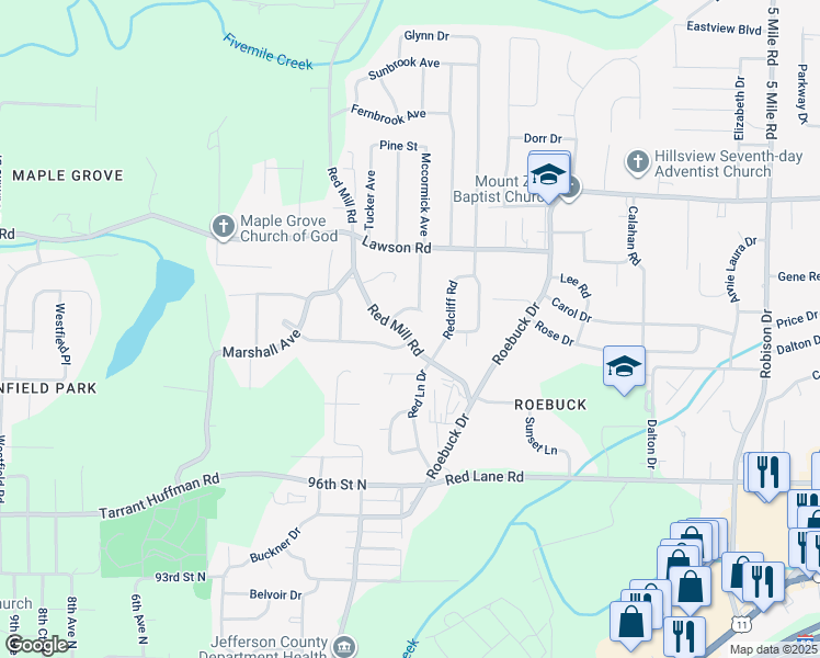 map of restaurants, bars, coffee shops, grocery stores, and more near 408 Cheri Lane in Birmingham