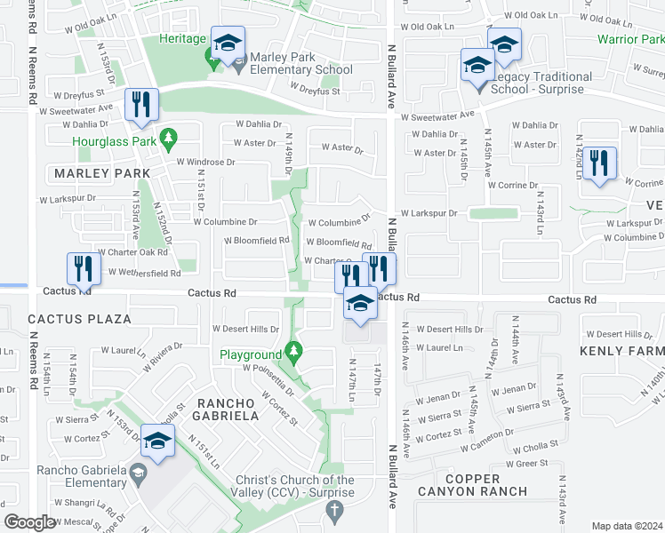 map of restaurants, bars, coffee shops, grocery stores, and more near 14862 West Wethersfield Road in Surprise