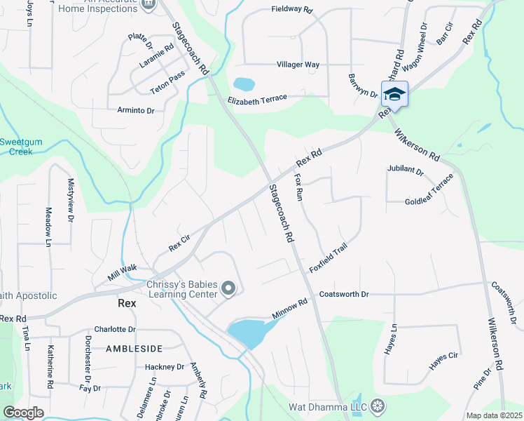 map of restaurants, bars, coffee shops, grocery stores, and more near 5802 Mays Ridge Court in Rex