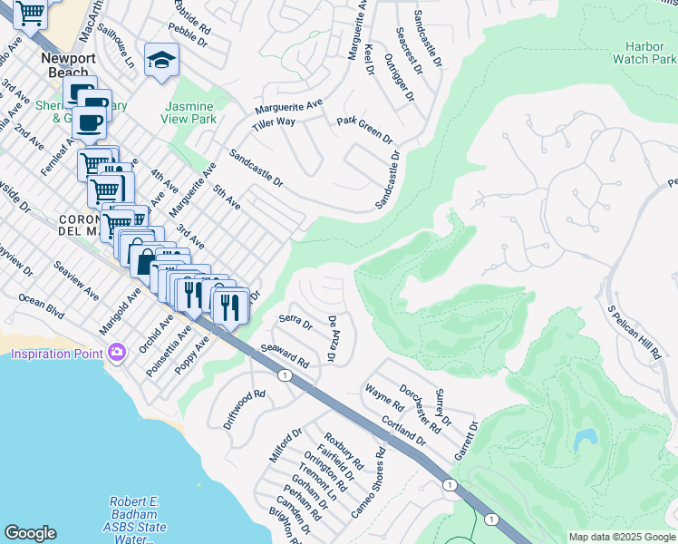 map of restaurants, bars, coffee shops, grocery stores, and more near 445 Isabella Terrace in Newport Beach