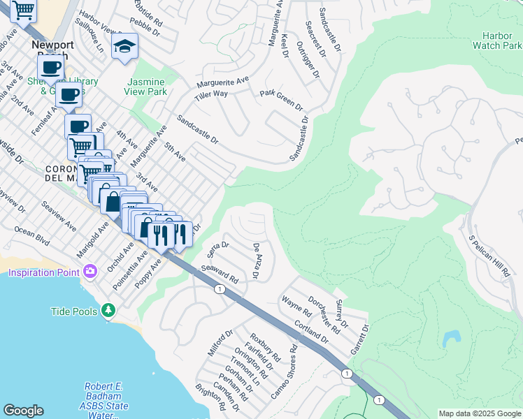 map of restaurants, bars, coffee shops, grocery stores, and more near 445 Isabella Terrace in Newport Beach