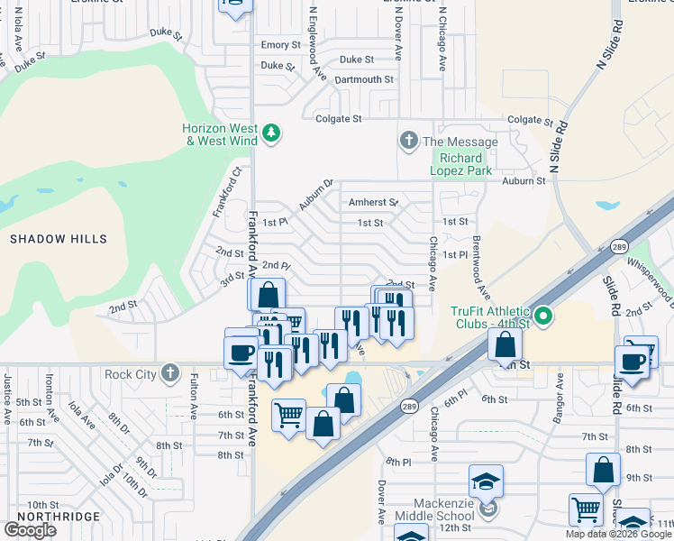 map of restaurants, bars, coffee shops, grocery stores, and more near 5701 2nd Street in Lubbock