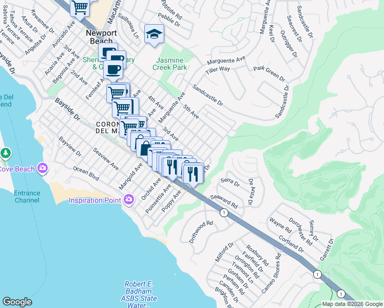 map of restaurants, bars, coffee shops, grocery stores, and more near 521 Poinsettia Avenue in Newport Beach