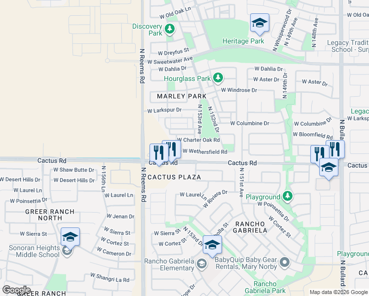 map of restaurants, bars, coffee shops, grocery stores, and more near 15369 West Wethersfield Road in Surprise