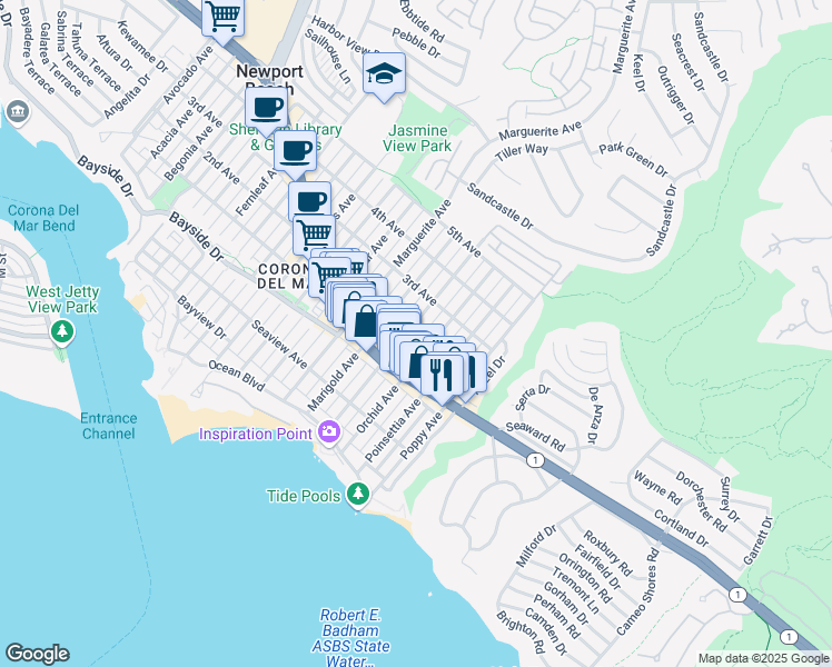 map of restaurants, bars, coffee shops, grocery stores, and more near 430 Narcissus Avenue in Corona Del Mar