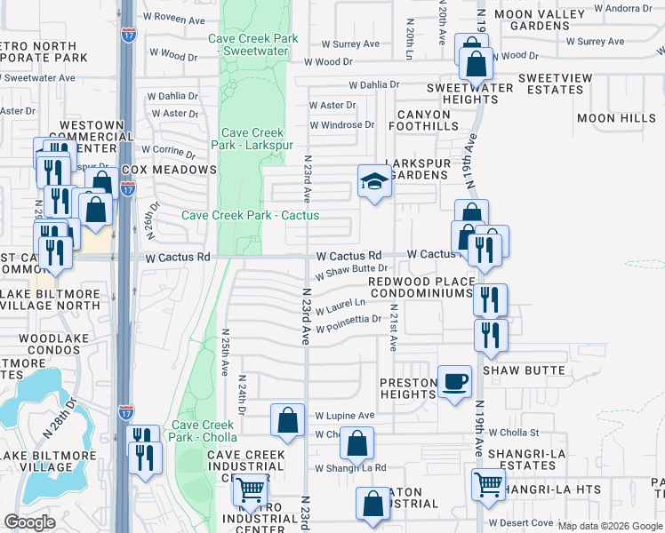 map of restaurants, bars, coffee shops, grocery stores, and more near 2221 West Shaw Butte Drive in Phoenix