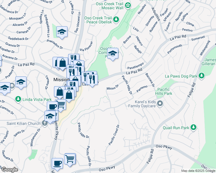 map of restaurants, bars, coffee shops, grocery stores, and more near 31 Regalo Drive in Mission Viejo