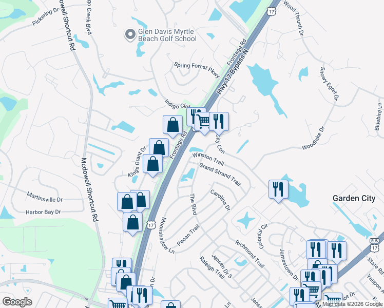 map of restaurants, bars, coffee shops, grocery stores, and more near 914 Grand Strand Trail in Murrells Inlet