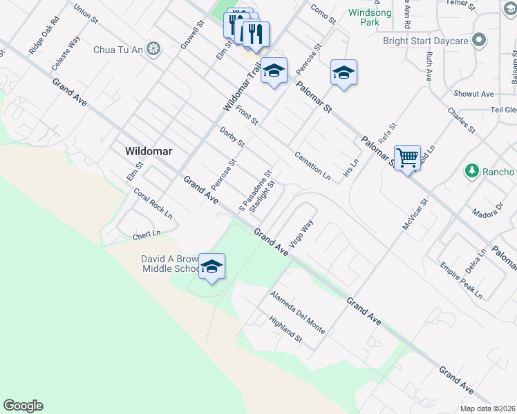 map of restaurants, bars, coffee shops, grocery stores, and more near 32928 Starlight Street in Wildomar