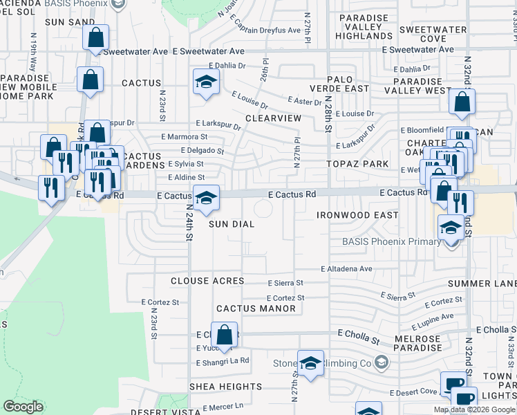 map of restaurants, bars, coffee shops, grocery stores, and more near 2625 East Cactus Road in Phoenix