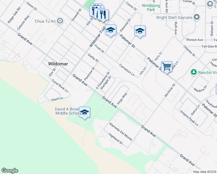 map of restaurants, bars, coffee shops, grocery stores, and more near 32887 Willow Bay Road in Wildomar