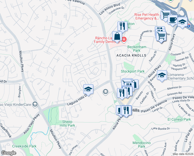 map of restaurants, bars, coffee shops, grocery stores, and more near 809 Ronda Mendoza in Laguna Woods