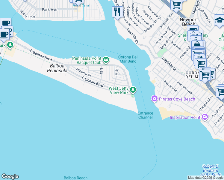 map of restaurants, bars, coffee shops, grocery stores, and more near 2060 East Oceanfront in Newport Beach