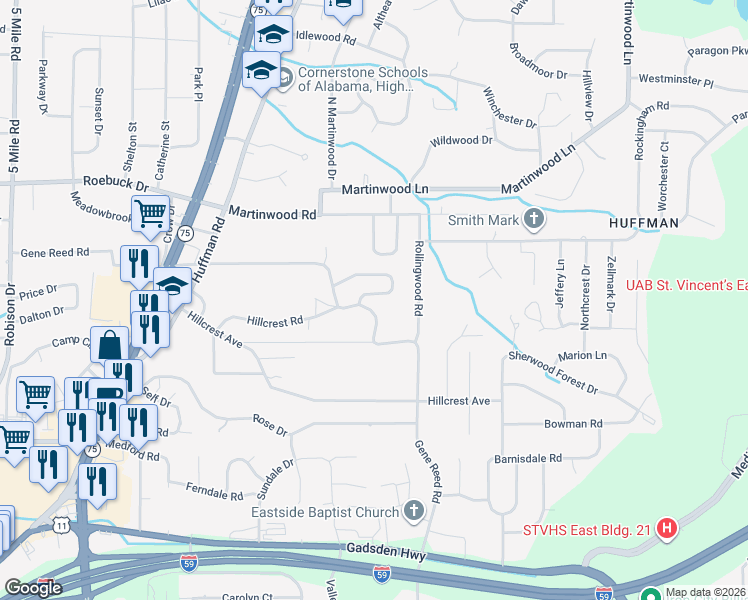 map of restaurants, bars, coffee shops, grocery stores, and more near 839 Gene Reed Road in Birmingham