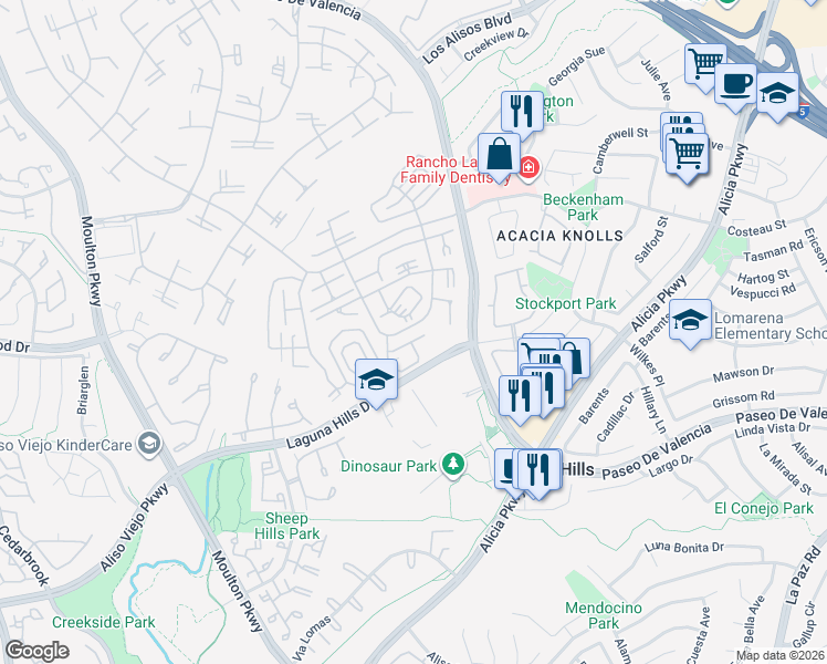 map of restaurants, bars, coffee shops, grocery stores, and more near 803 Ronda Mendoza in Laguna Woods