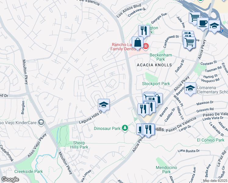 map of restaurants, bars, coffee shops, grocery stores, and more near 803 Ronda Mendoza in Laguna Woods