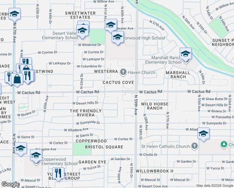 map of restaurants, bars, coffee shops, grocery stores, and more near 12160 North 59th Avenue in Glendale