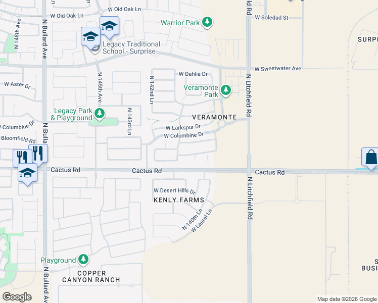 map of restaurants, bars, coffee shops, grocery stores, and more near 12277 North 141st Court in Surprise