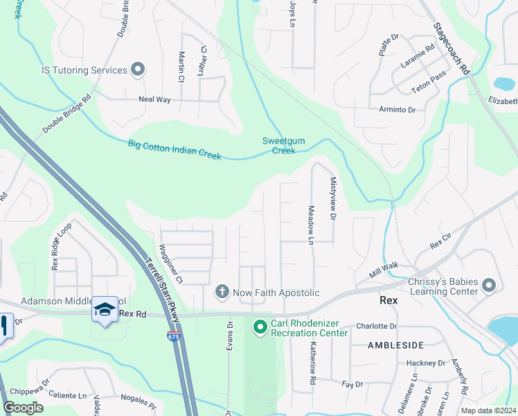 map of restaurants, bars, coffee shops, grocery stores, and more near 5811 Creekside Drive in Rex