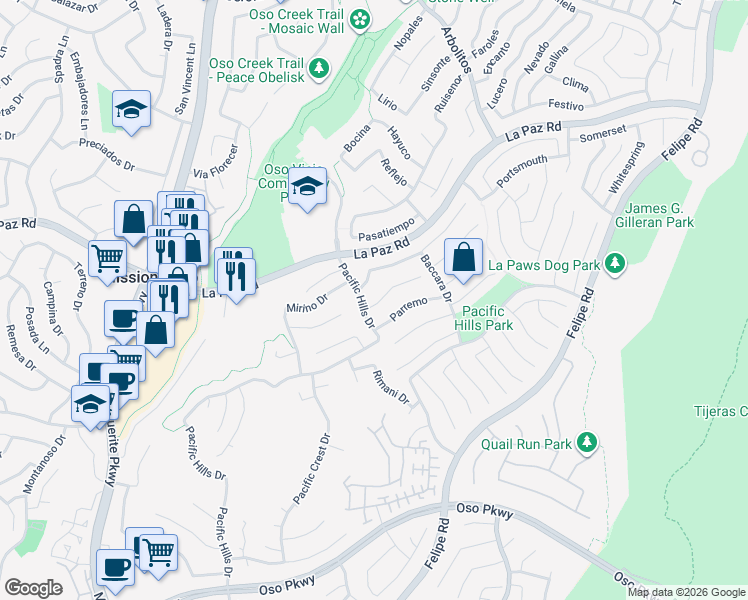 map of restaurants, bars, coffee shops, grocery stores, and more near 33 Risero Drive in Mission Viejo