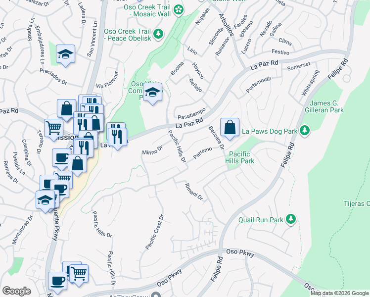 map of restaurants, bars, coffee shops, grocery stores, and more near 33 Parremo in Mission Viejo