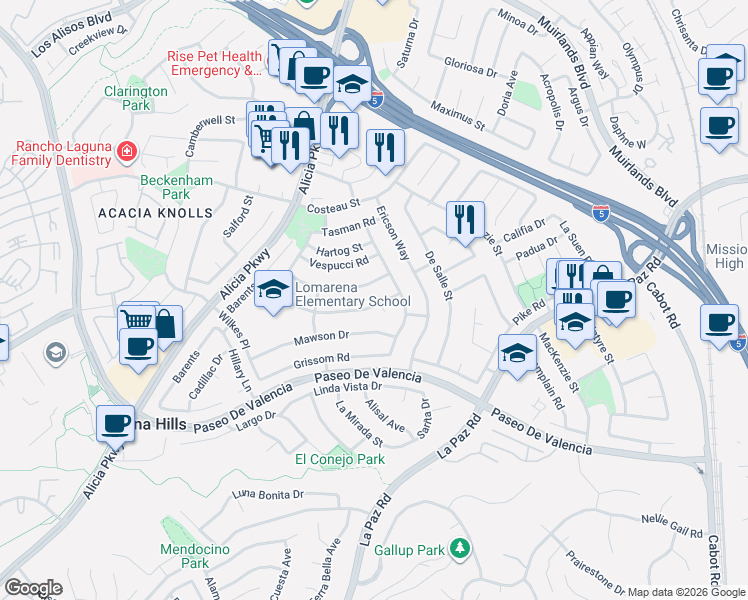 map of restaurants, bars, coffee shops, grocery stores, and more near 25281 Earhart Road in Laguna Hills