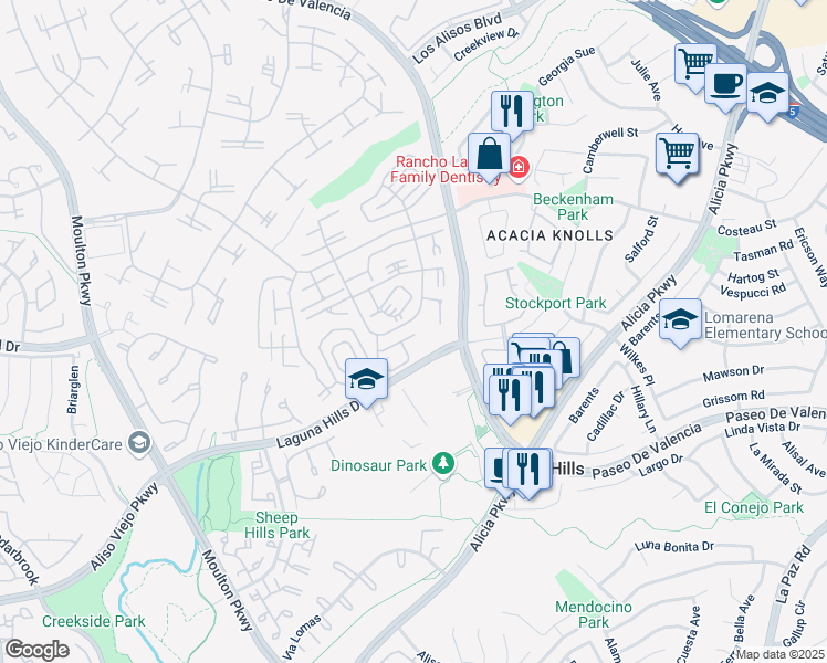 map of restaurants, bars, coffee shops, grocery stores, and more near 809 Ronda Mendoza in Laguna Woods