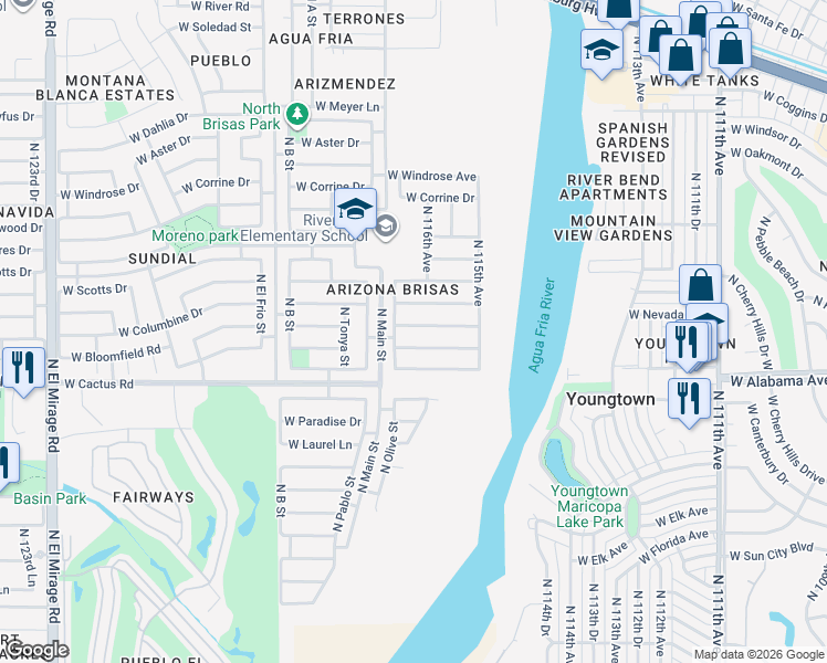 map of restaurants, bars, coffee shops, grocery stores, and more near 11613 West Bloomfield Road in El Mirage