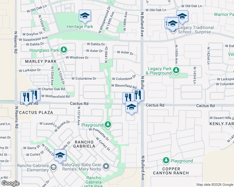 map of restaurants, bars, coffee shops, grocery stores, and more near 14857 West Charter Oak Road in Surprise