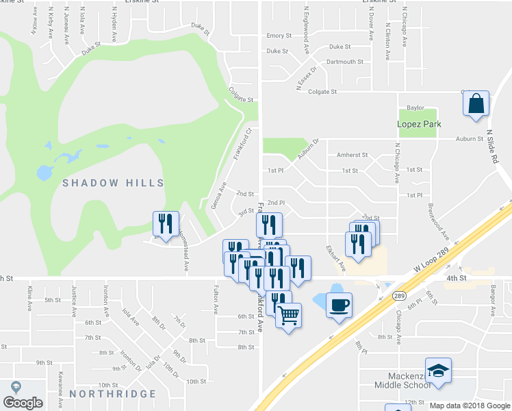 map of restaurants, bars, coffee shops, grocery stores, and more near 5802 3rd Street in Lubbock