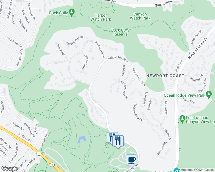 map of restaurants, bars, coffee shops, grocery stores, and more near 9 Pelican Crest Drive in Newport Beach