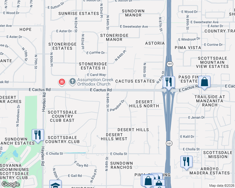 map of restaurants, bars, coffee shops, grocery stores, and more near 8426 East Paradise Drive in Scottsdale