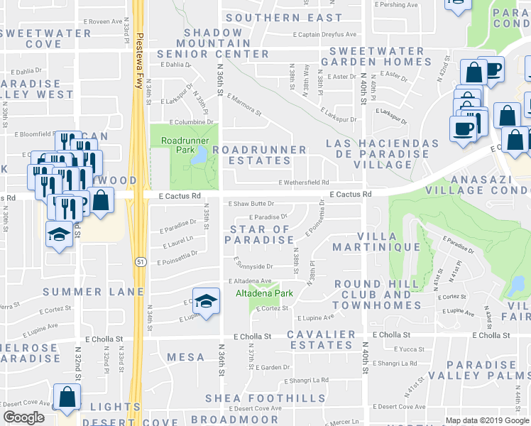 map of restaurants, bars, coffee shops, grocery stores, and more near 3702 East Laurel Lane in Phoenix
