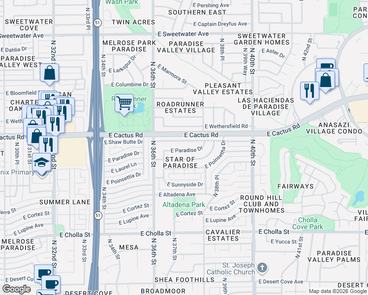 map of restaurants, bars, coffee shops, grocery stores, and more near 3702 East Laurel Lane in Phoenix