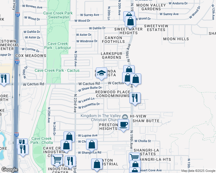 map of restaurants, bars, coffee shops, grocery stores, and more near 2015 West Cactus Road in Phoenix