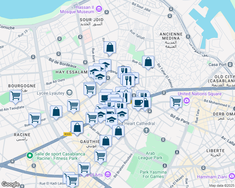 map of restaurants, bars, coffee shops, grocery stores, and more near Rue Jaber Ben Hayane in Casablanca