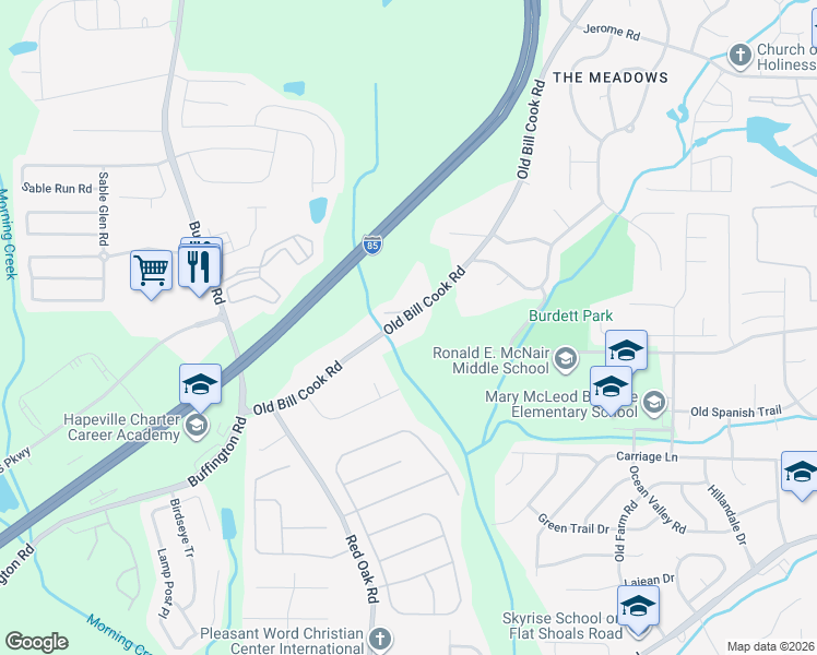 map of restaurants, bars, coffee shops, grocery stores, and more near 5856 Old Bill Cook Rd in Atlanta