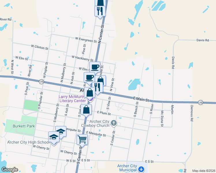 map of restaurants, bars, coffee shops, grocery stores, and more near 229 East Main Street in Archer City
