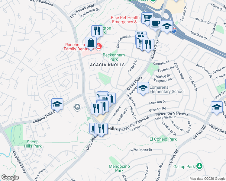 map of restaurants, bars, coffee shops, grocery stores, and more near 25241 York Circle in Laguna Hills