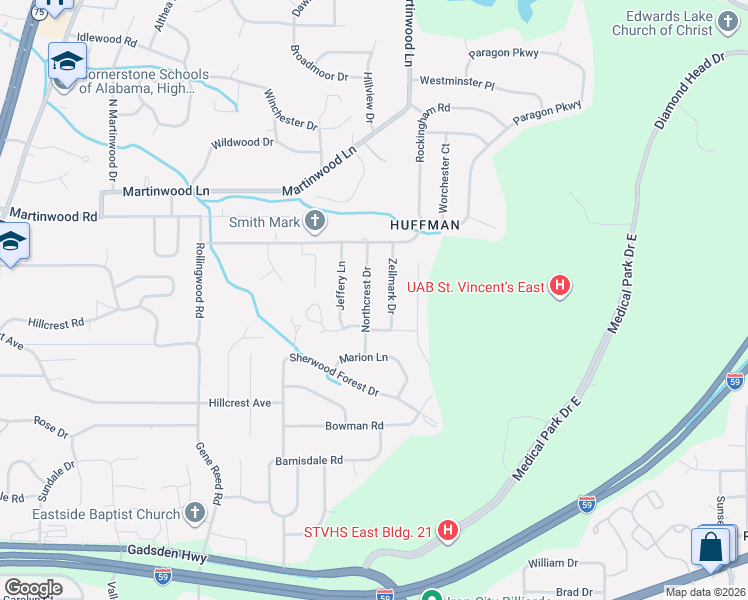 map of restaurants, bars, coffee shops, grocery stores, and more near 840 Northcrest Drive in Birmingham