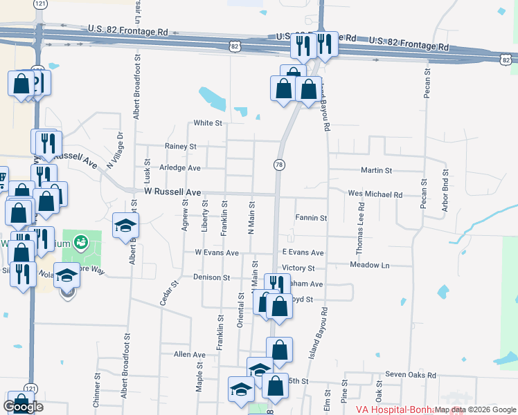 map of restaurants, bars, coffee shops, grocery stores, and more near 2016 North Main Street in Bonham