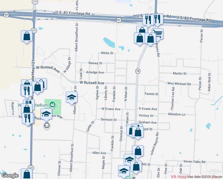map of restaurants, bars, coffee shops, grocery stores, and more near 1924 Liberty Street in Bonham