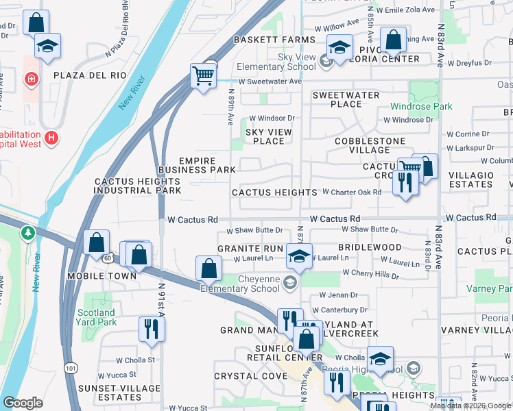 map of restaurants, bars, coffee shops, grocery stores, and more near 8816 West Wethersfield Road in Peoria