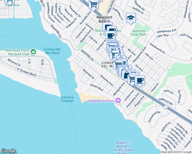 map of restaurants, bars, coffee shops, grocery stores, and more near in Newport Beach